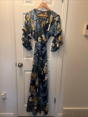 Aakaa Navy Floral Tie-Waist Maxi Dress with Yellow Blooms